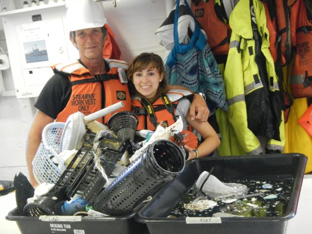 Crew showing size distribution of ocean plastic recovered with R/V Ocean Starr, the Mega Expedition mothership.