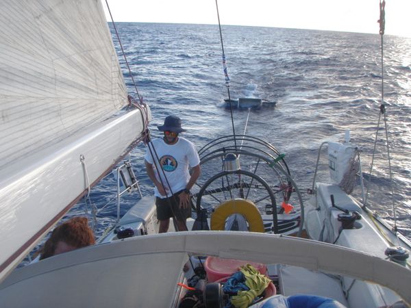 Mega Expedition crew vessel deploying manta trawl.