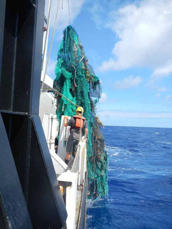 Mega Expedition mothership R/V Ocean Starr crew pulling a ghost net from the Pacific Ocean.