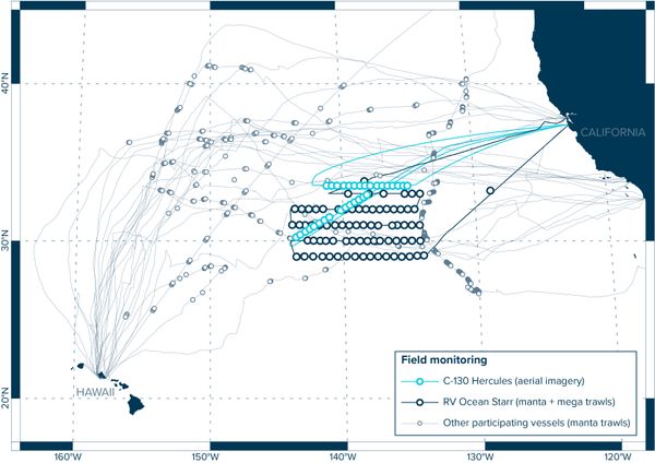 Field monitoring effort. Vessel (grey and dark blue lines) and aircraft tracks (light blue lines) and locations where data on buoyant ocean plastic concentrations were collected (circles)