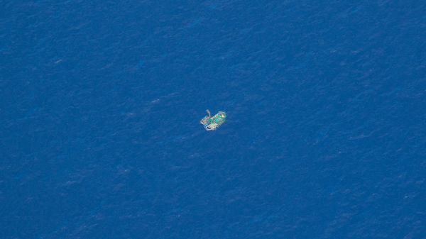 Aerial view of a ghost net in the Great Pacific Garbage Patch